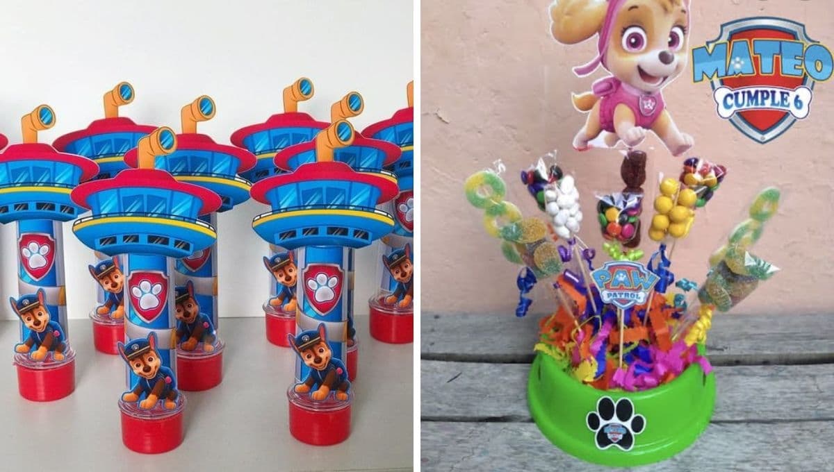 Dulceros de Paw Patrol con botes de leche: centros de mesa con material reciclado
