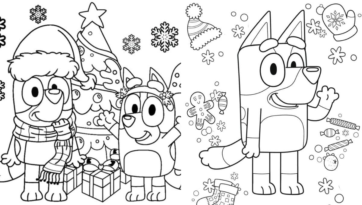 5 dibujos de Bluey navideño para imprimir y colorear