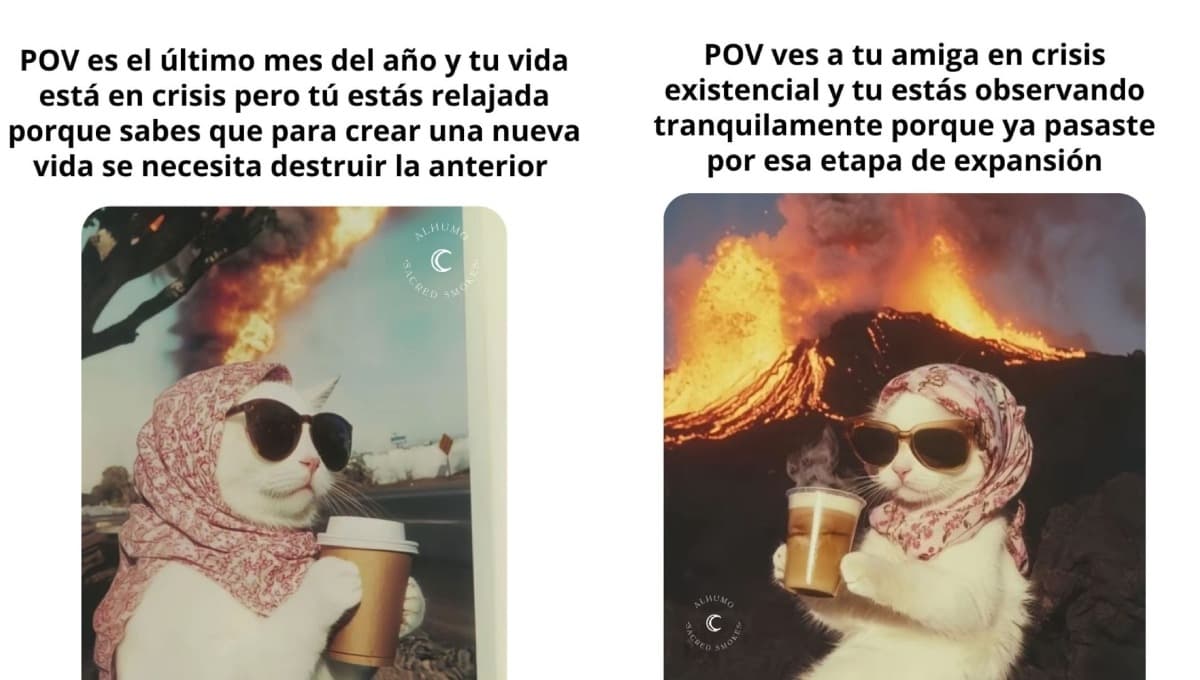 Memes del gato con lentes y pañuelo en la cabeza: contexto y significado del michi en tendencia
